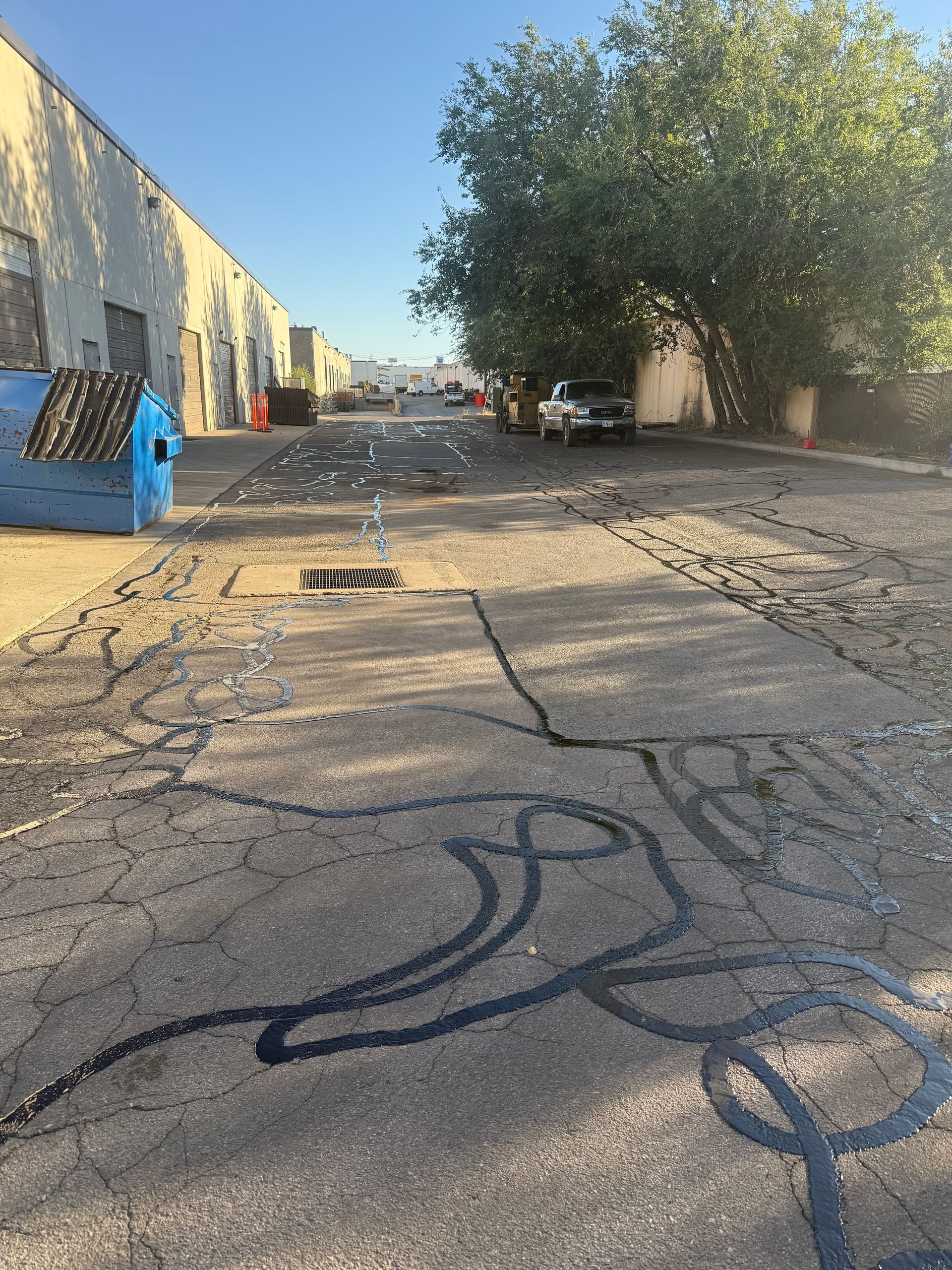 Cracked pavement beside a beige building, with a blue dumpster and a large leafy tree in bright sunlight.