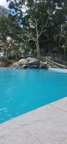 A Swimming Pool With Large Rock Decor In The Backyard — Doug Allen Pools In Beaconsfield, QLD