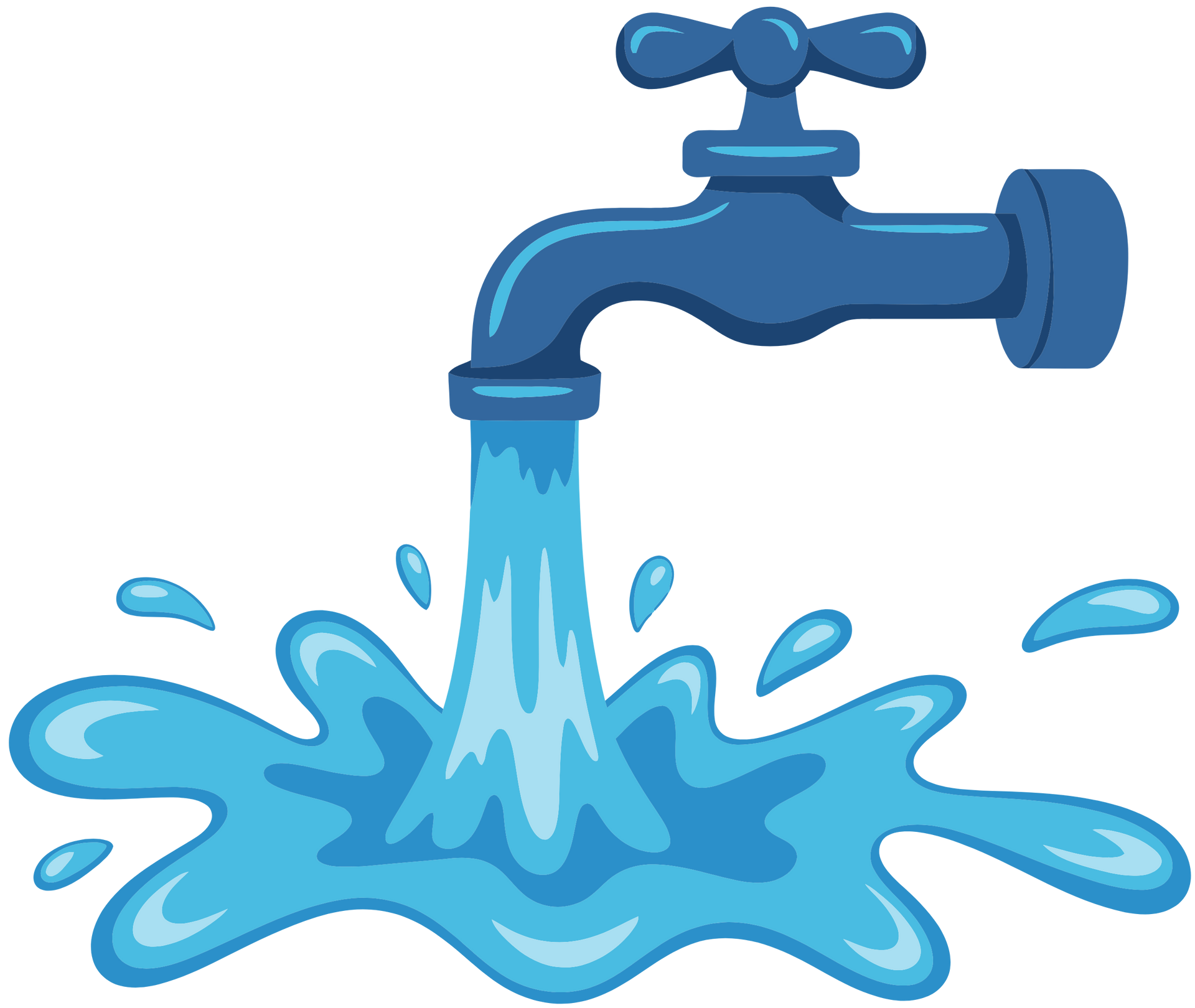 Blue water faucet pouring into a splash of water