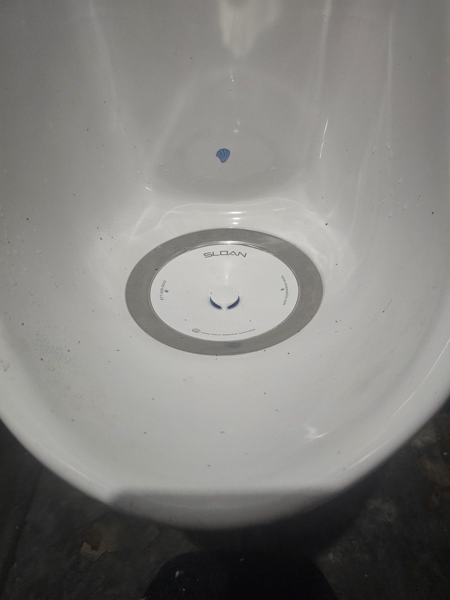 White urinal with a blue stain and circular drain in a restroom