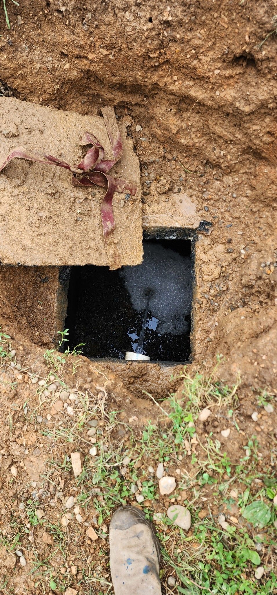 Open pit in a dirt embankment with a partially covered entrance and a person’s shoe at the bottom edge