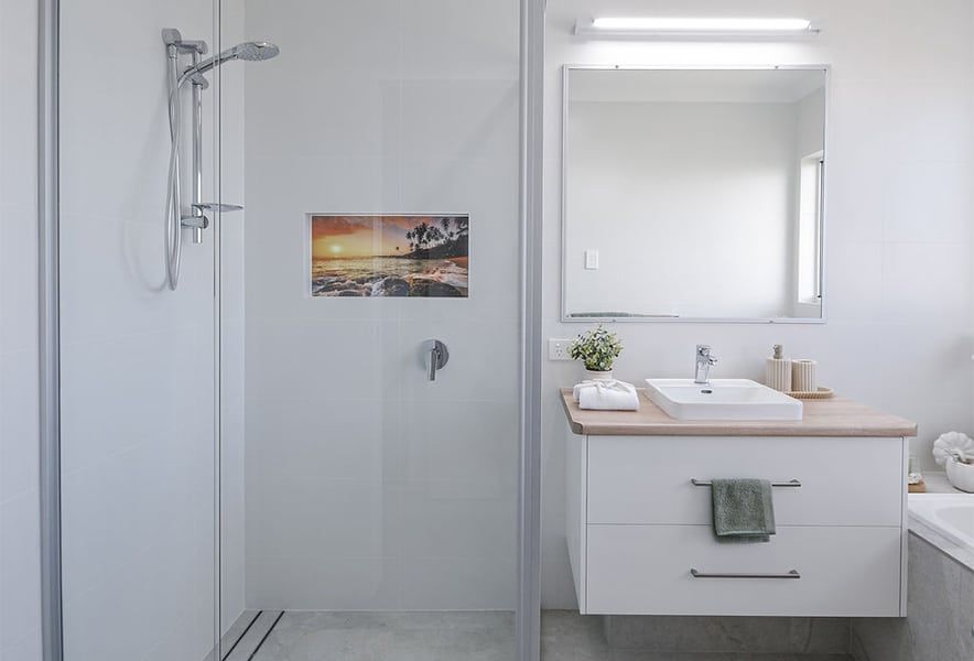 Modern Bathroom with Gray Shower — Bundy Homes in Bundaberg North, QLD