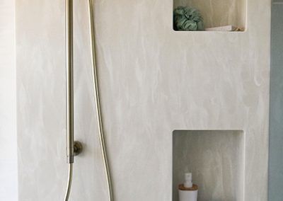 White Tiled Shower with Glass Door and A Bottle — Bundy Homes in Bundaberg North, QLD