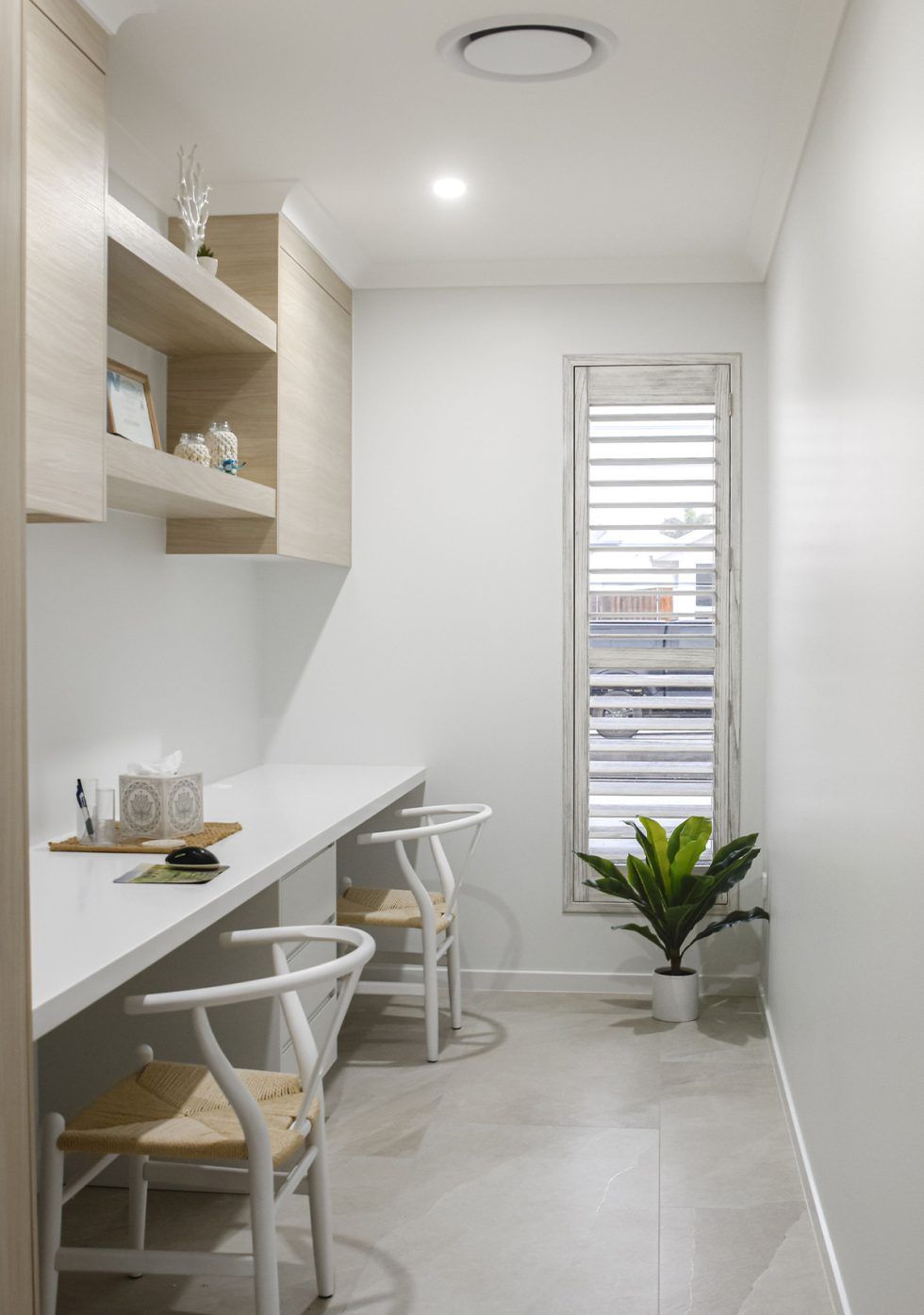 Bright Narrow Home Office with White Desk — Bundy Homes in Bundaberg North, QLD