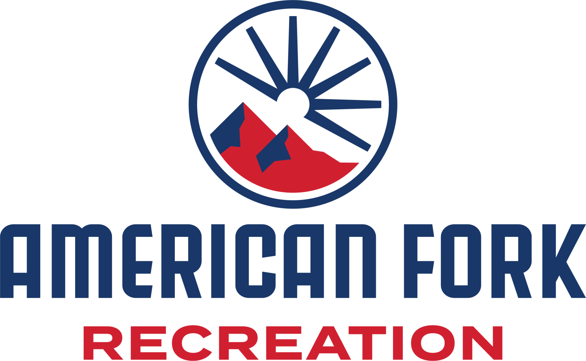 Logo for American Fork Recreation: Mountain in circle with bike wheel spokes; blue and red.