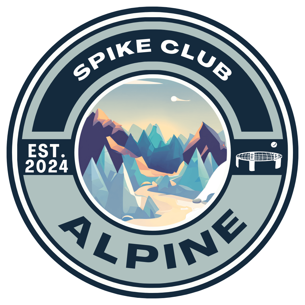 Emblem for Spike Club Alpine, featuring a mountain landscape and drone graphic, established 2024.