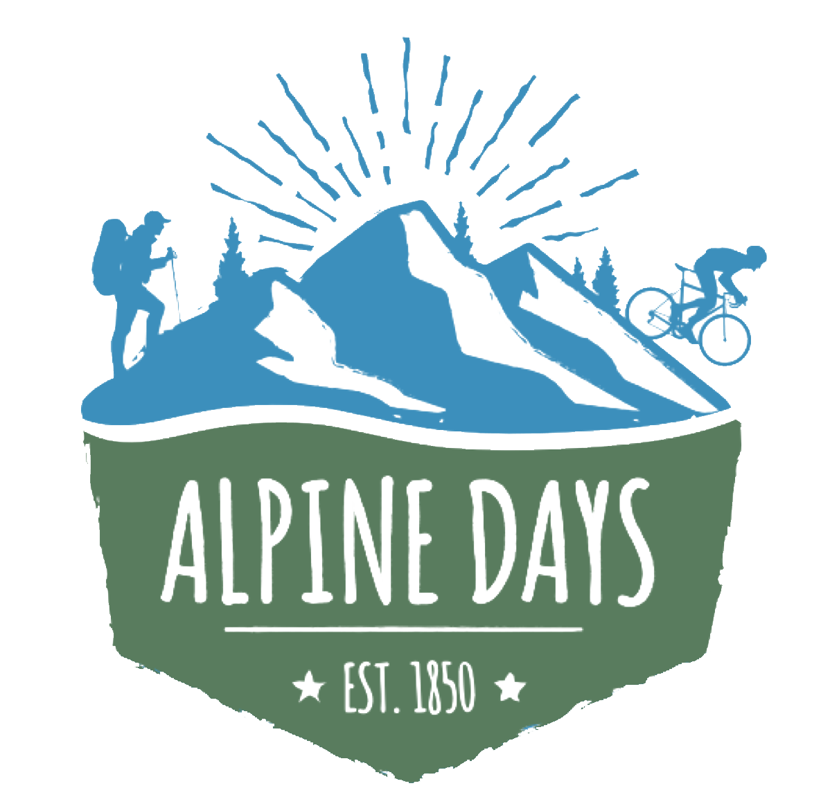 Logo of Alpine Days: Mountains with hiker and cyclist, green and blue, sunburst above, text