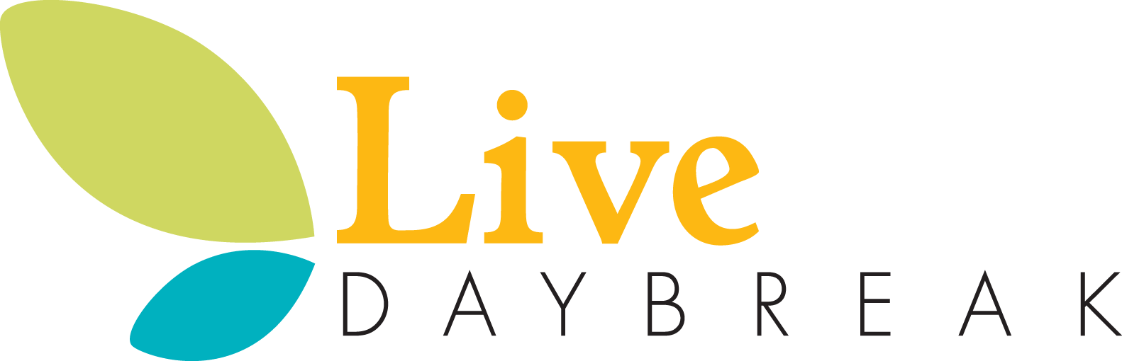 Logo with a yellow-green and teal leaf design and the words