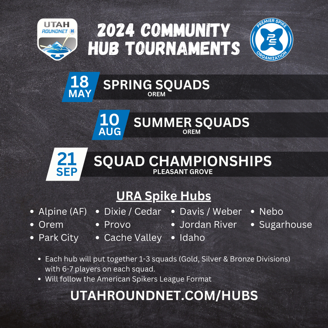 2024 Utah Roundnet Community Hub Tournaments: dates, locations, and hub list.