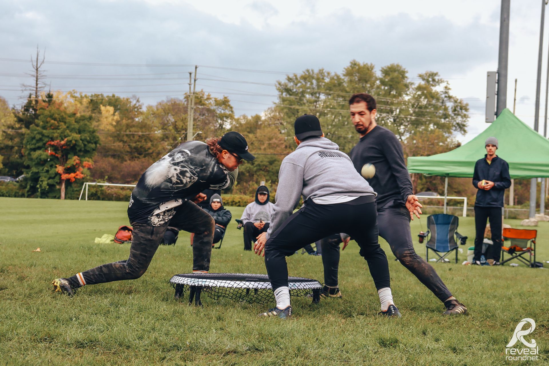 Three men playing a game on a green field. Two are crouched, near a black platform; another stands holding a ball.