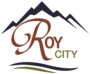 Logo of Roy City with mountains, script