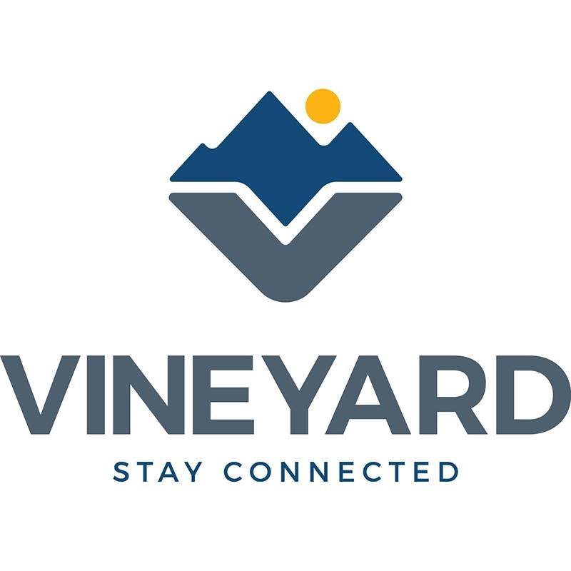 Logo with a blue mountain and yellow sun above a gray V and the word VINEYARD.