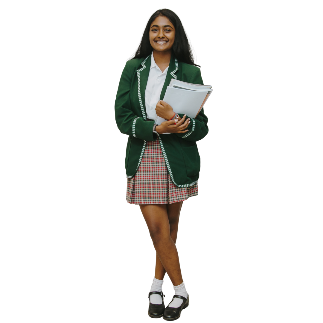 A girl in a school uniform is holding a folder.