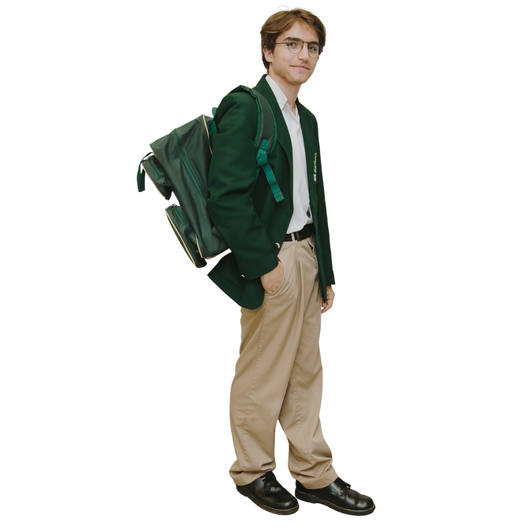 A young man in a green jacket is carrying a backpack