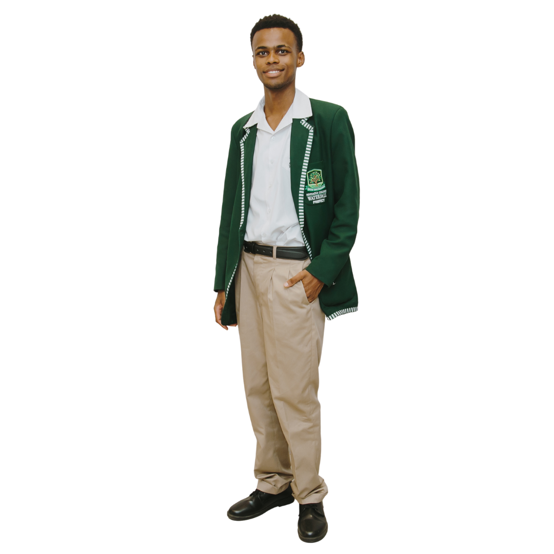 A young man is wearing a green jacket and khaki pants.