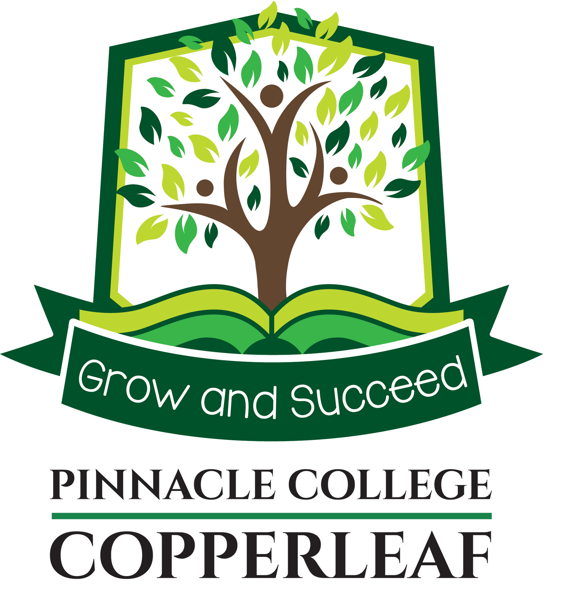 A logo for pinnacle college copperleaf with a shield