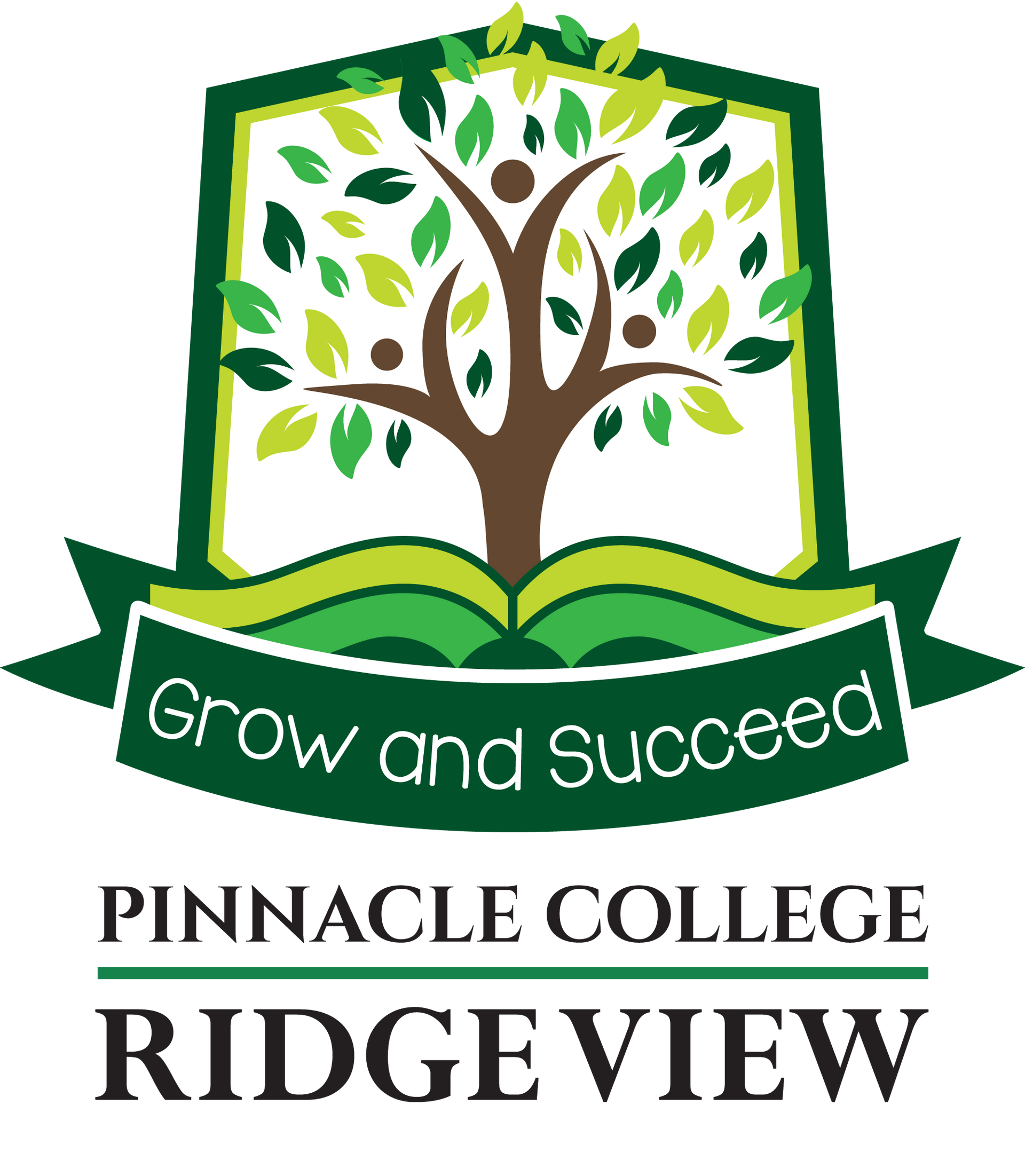 A logo for pinnacle college ridgeview with a tree in the middle of a book.