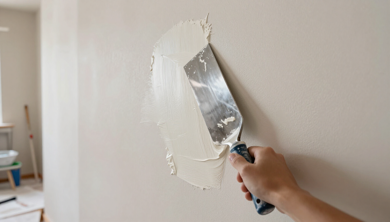 Hand using a putty knife to smooth white spackle on a beige wall