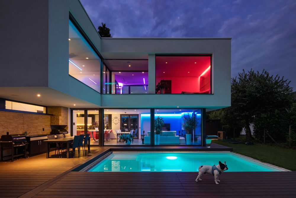 A Dog Is Standing Next to A Swimming Pool in Front of A Modern House — Croker Building Solutions In Myrtleville, NSW
