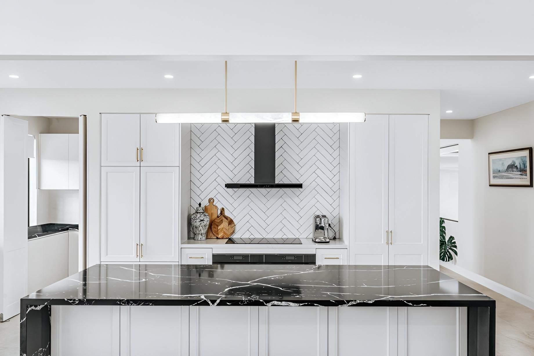 Modern White Kitchen With Black Island — Croker Building Solutions In Southern Highlands, NSW
