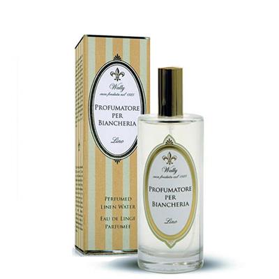 Flacone spray in lino e scatola coordinata; scatola a righe beige e oro, flacone trasparente con tappo ed etichetta dorati.