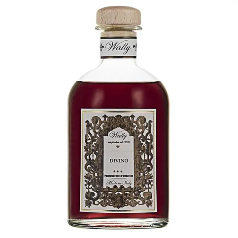 Bottiglia di aceto balsamico Wally Divino, liquido rosso scuro, etichetta decorata, tappo di legno.