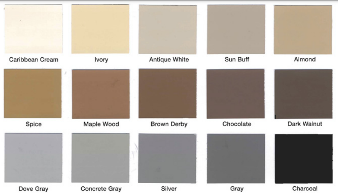 A palette of paint colors including ivory , antique white , sun buff , almond , and dark walnut.