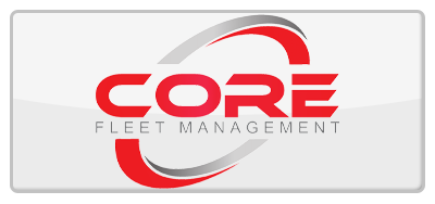 Logo for Core Fleet Management, with red and silver curved design around the word