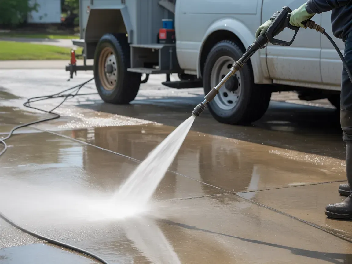 Person pressure-washing a driveway beside parked vehicles