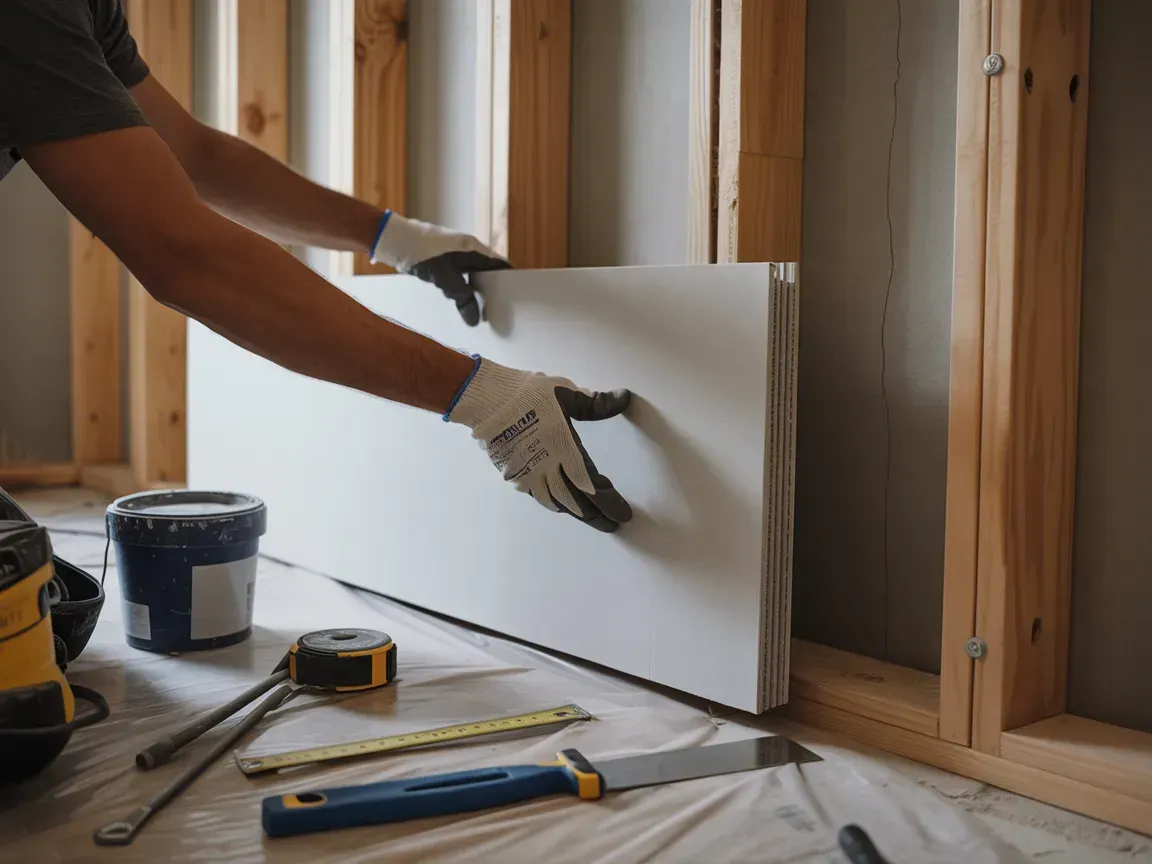 Worker installing white drywall panel in a framed room with tools on the floor
