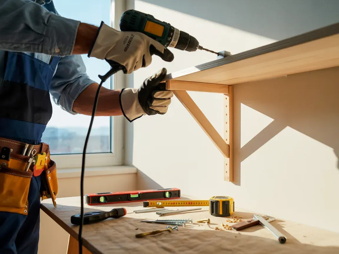 Person drilling a wooden shelf bracket in a bright room with tools on a workbench