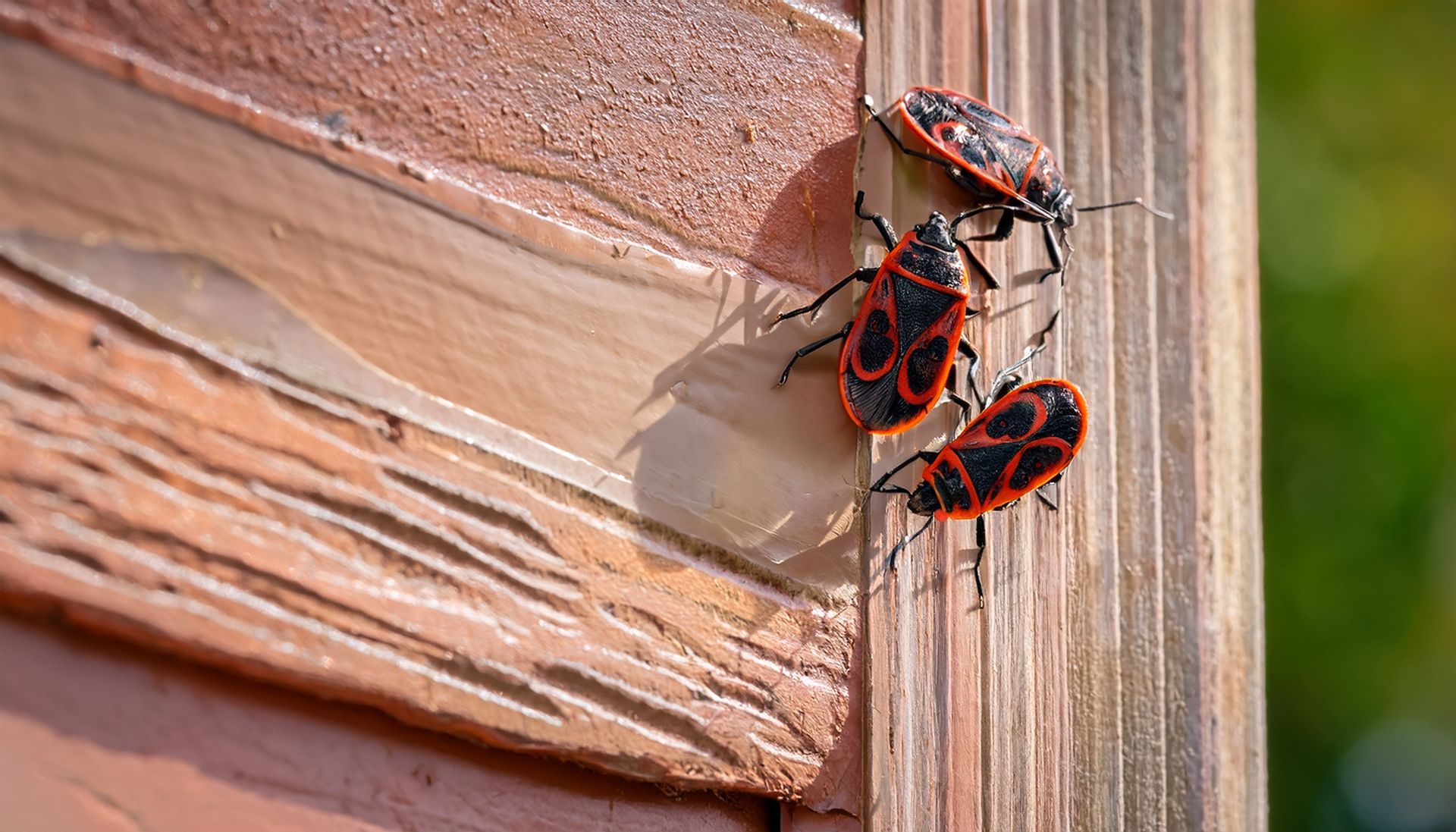 Deux insectes rouges et noirs sur une surface en bois près d'un angle