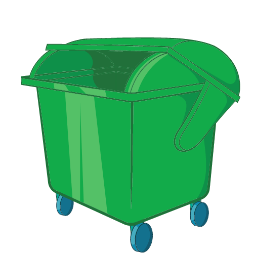 Green dumpster with lid slightly open, on blue wheels.