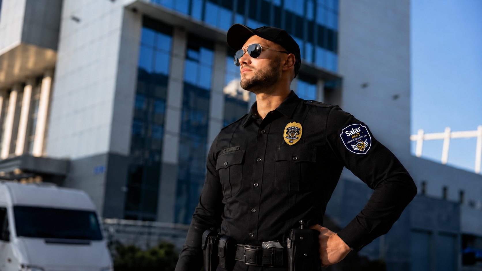 Police officer in black uniform and sunglasses stands outside a modern building.