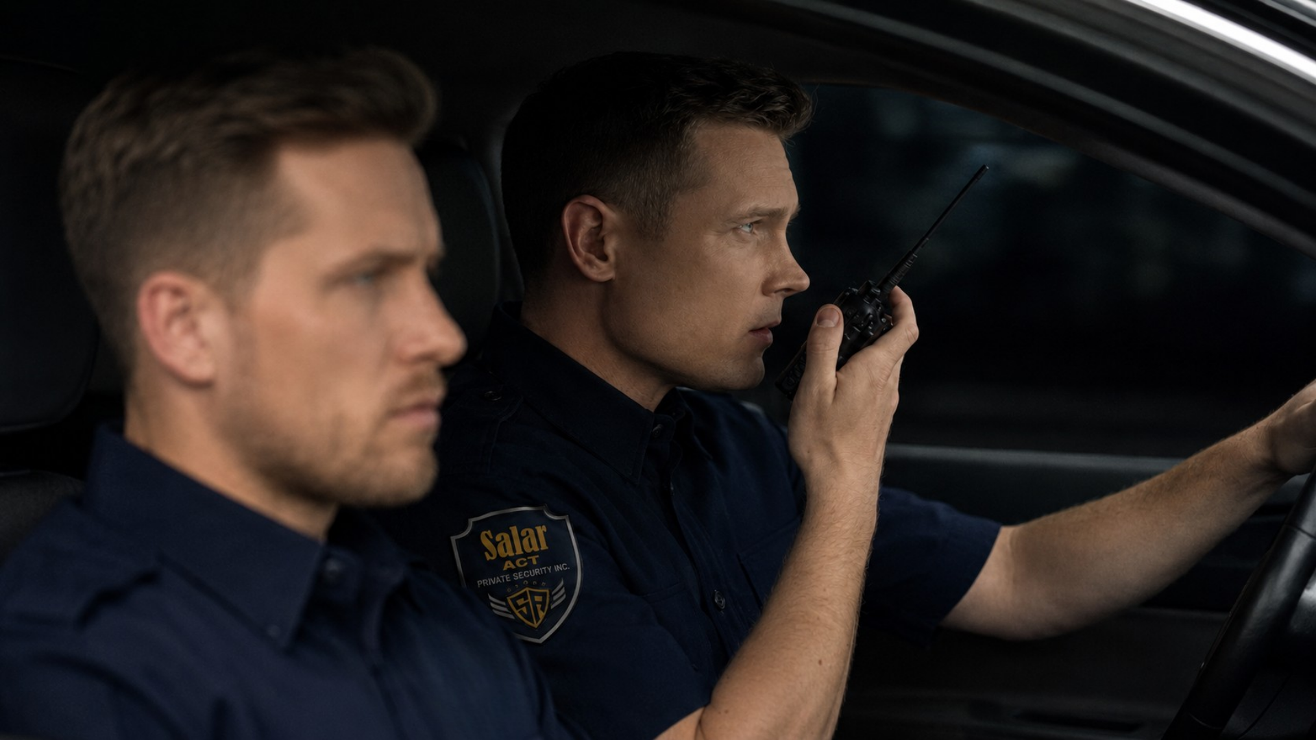 Two uniformed men in a car, one driving and speaking into a radio mic at night