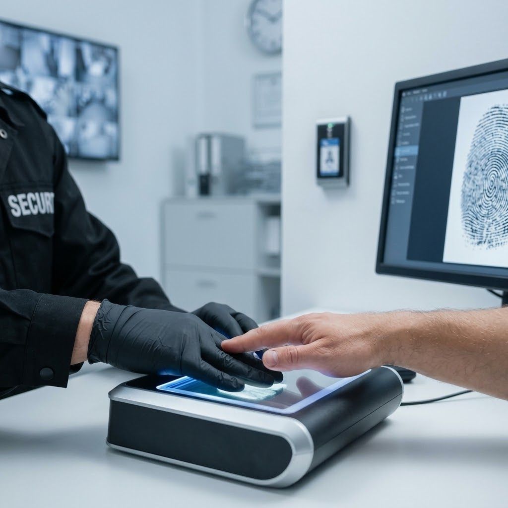 Security guard monitoring multiple surveillance screens in a control room while talking on a phone.