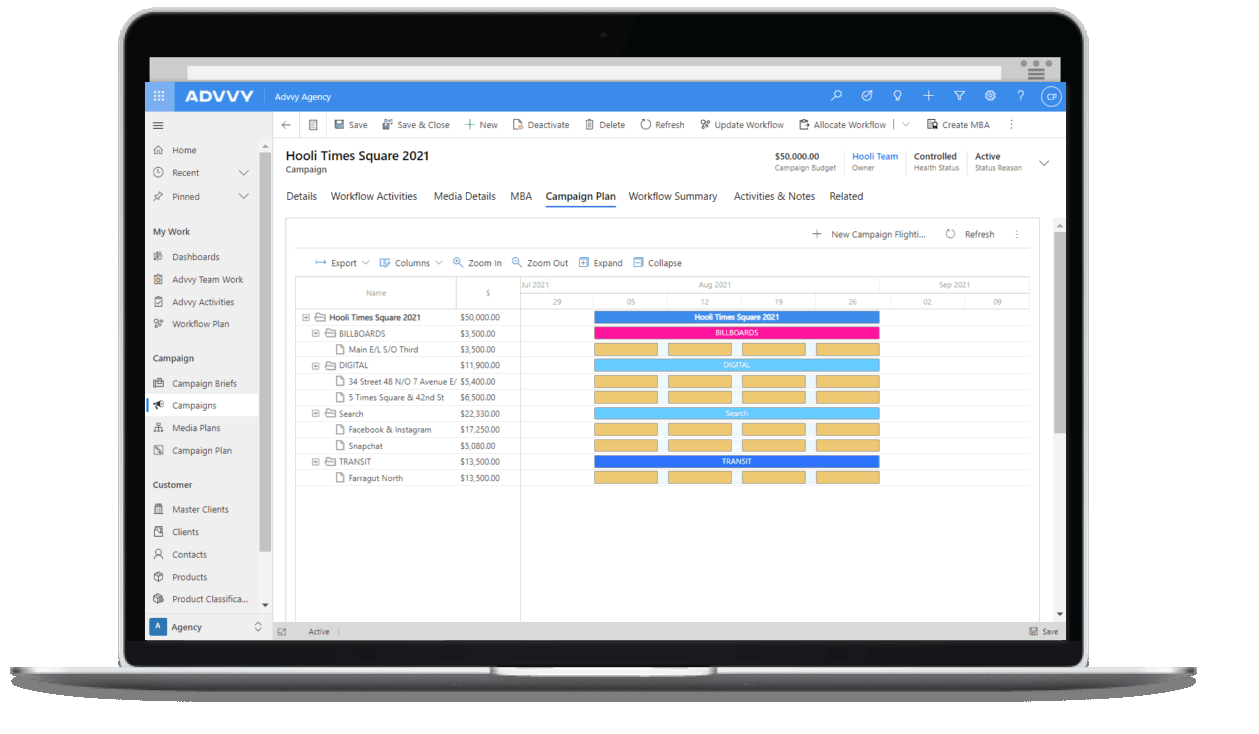 Advvy UI's. Project Management control, media planning software, client portal with authorisation