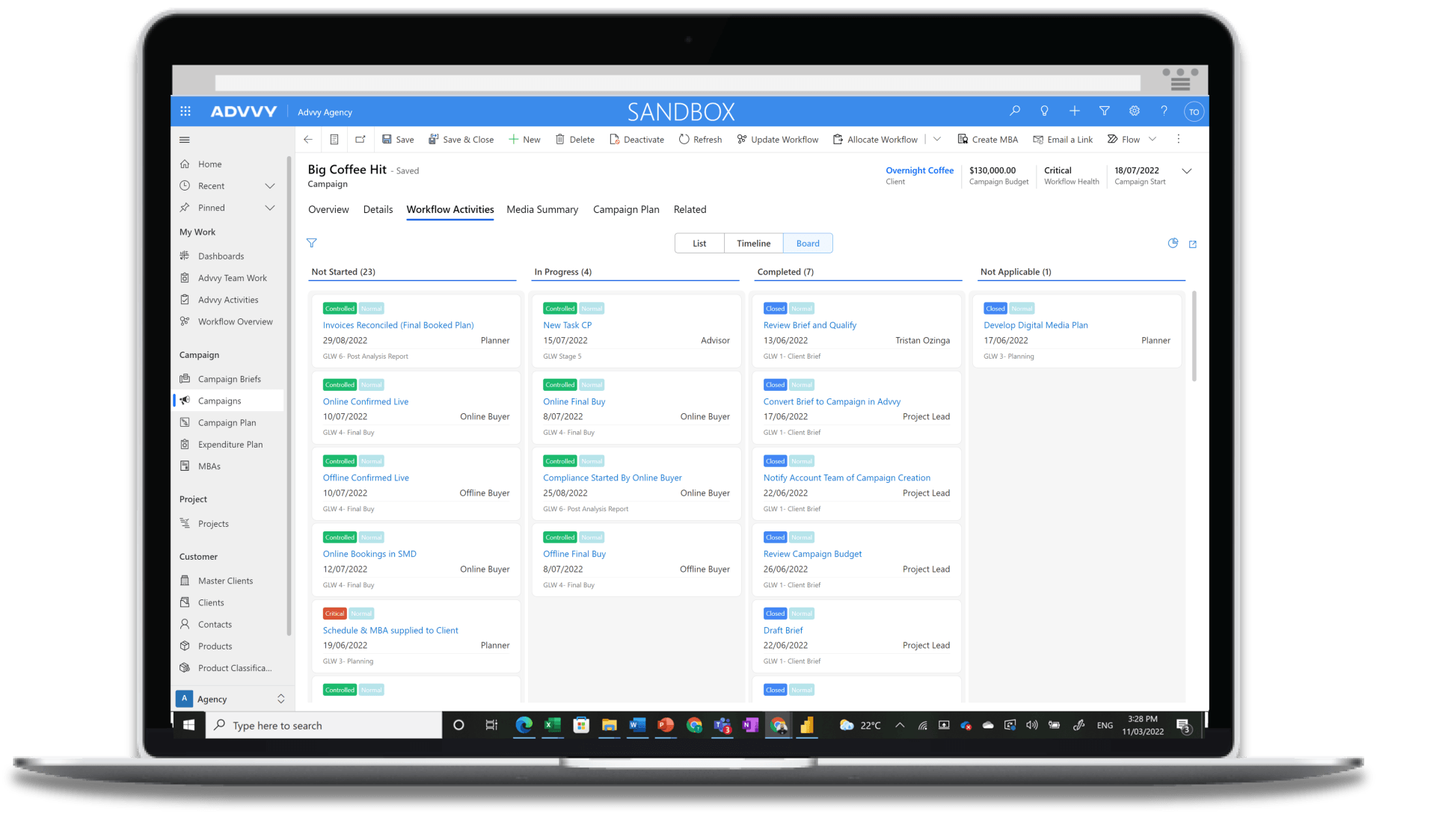 Kanban board view in Advvy's project management control Kanban board view in Advvy's project management control for media campaign implementation