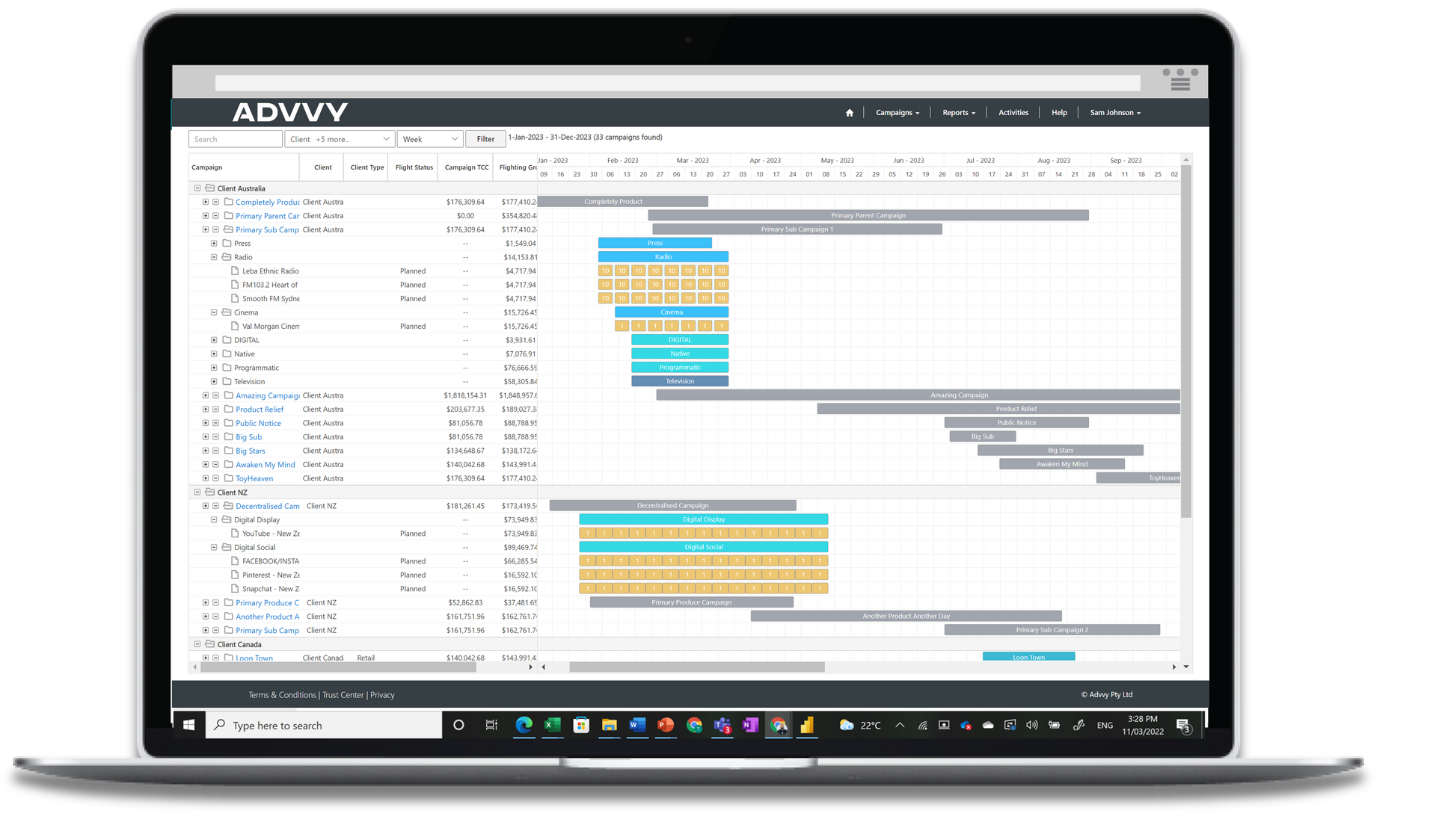 Advvy UI images. Project Management control, media planning software, client portal with authorisation