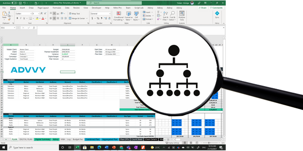 Extracting data from Excel media plan Magnifying glass with data on media plan template in Excel