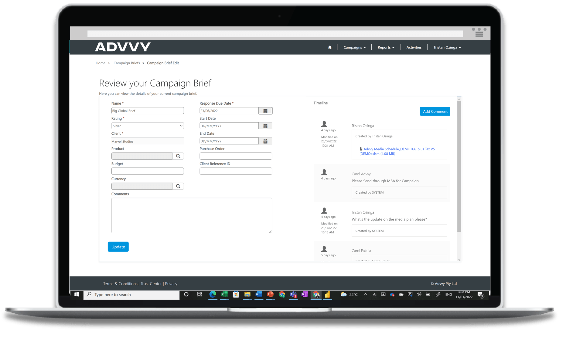 Briefing form in Advvy client portal Media campaign briefing form in the Advvy client portal