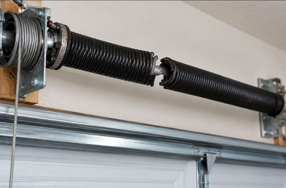Close-up of a broken garage door torsion spring showing a visible gap before repair