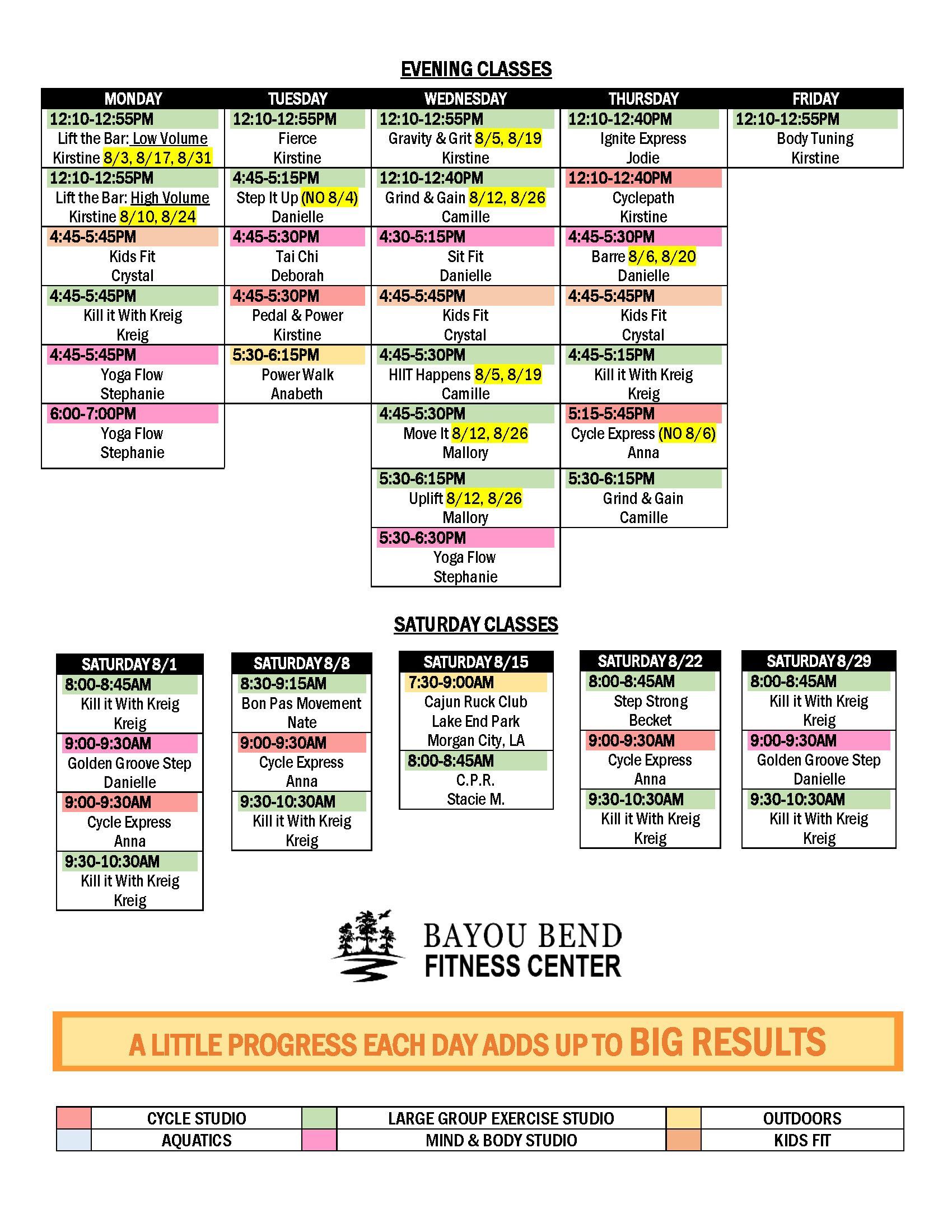 Image of the fitness center's group exercise class list. Please call 337-413-5104 to find out about classes.