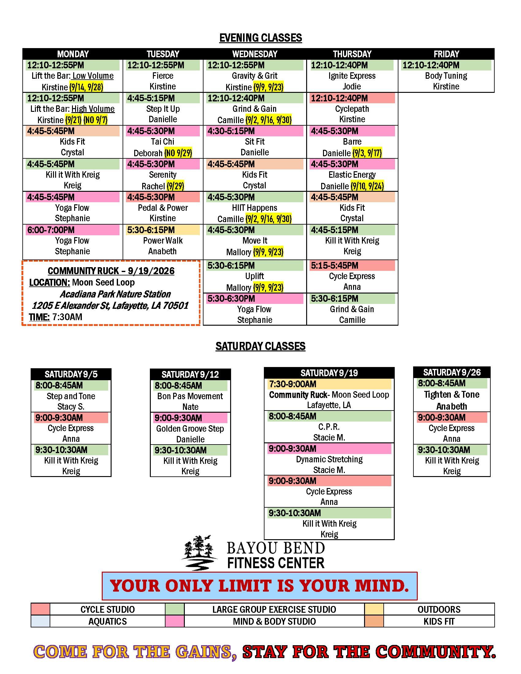 Image of the fitness center's group exercise class list. Please call 337-413-5104 to find out about classes.