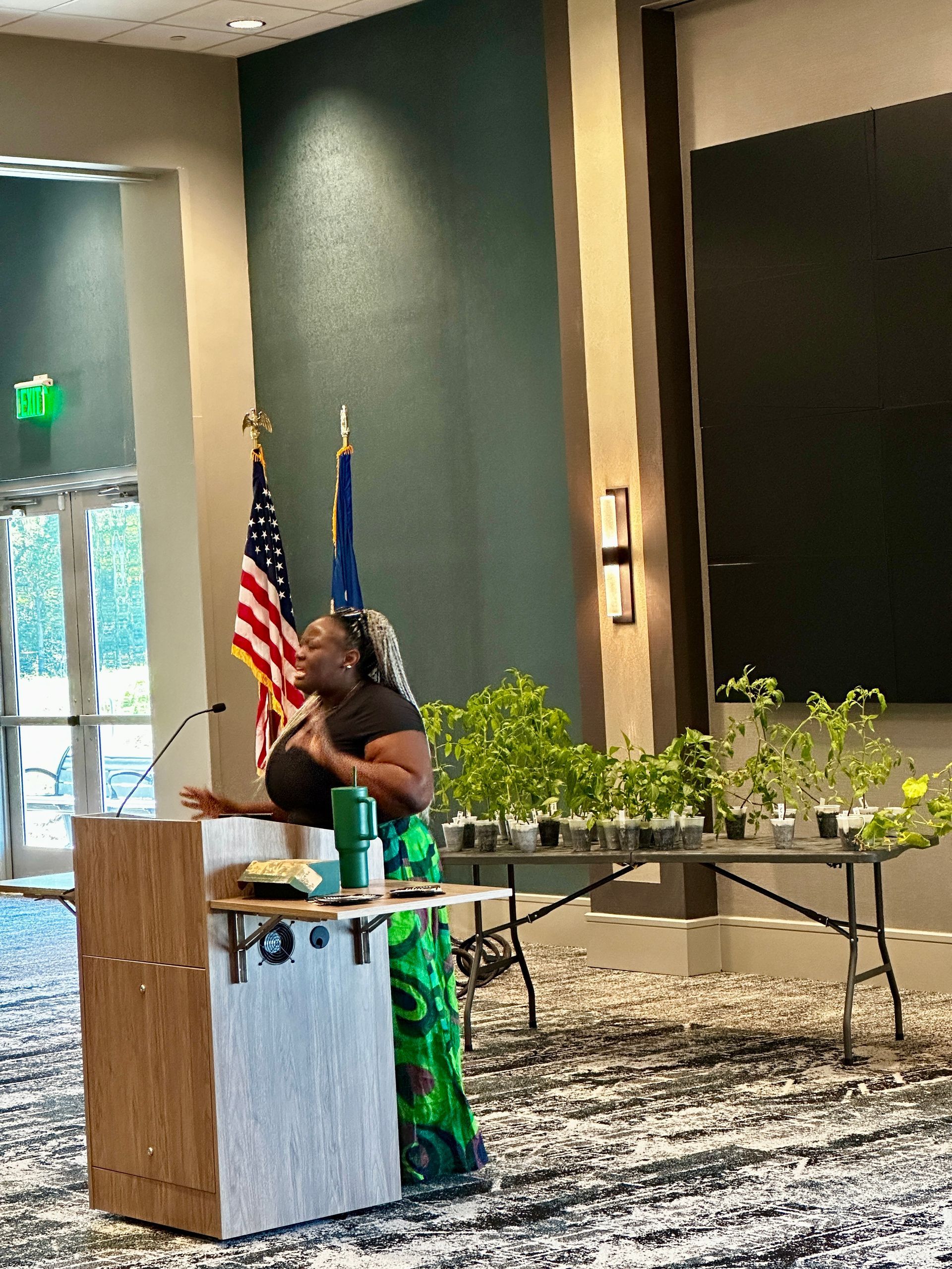 A woman is giving a speech at a podium in front of an american flag.