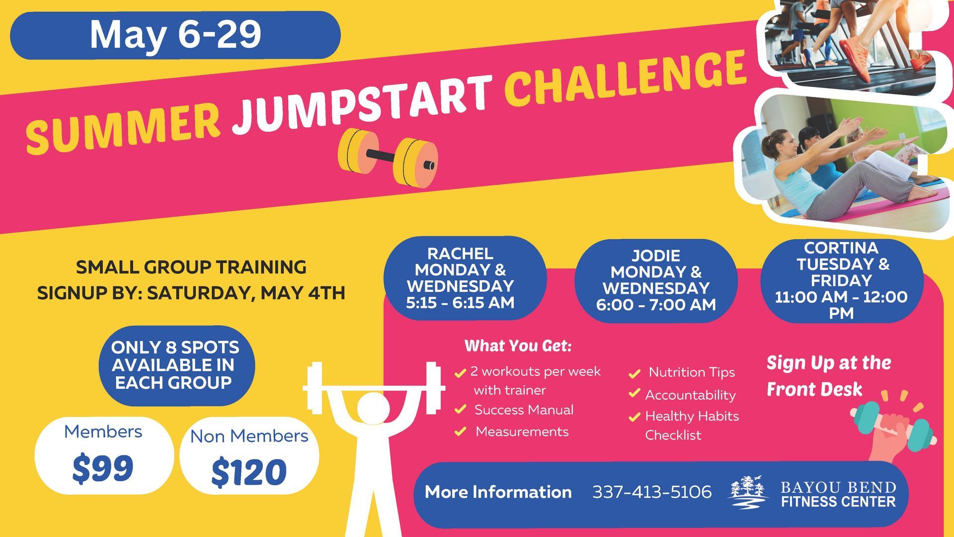 A poster for a summer jumpstart challenge shows a man lifting a barbell