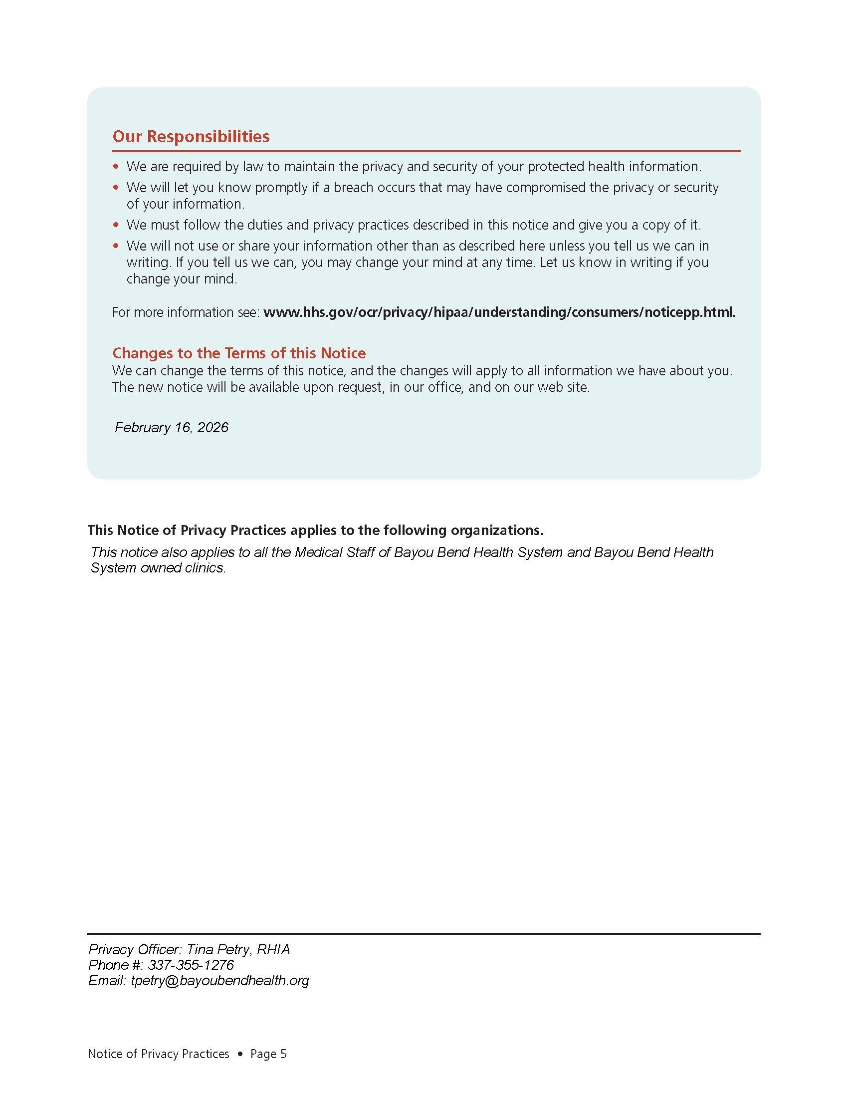 Image of a list of patients' rights and the hospital's responsibilities