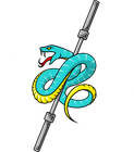 Blue snake coiled around a grey pole, with a yellow underbelly and open red mouth.