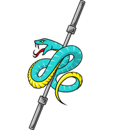 Blue snake coiled around a grey pole, with a yellow underbelly and open red mouth.