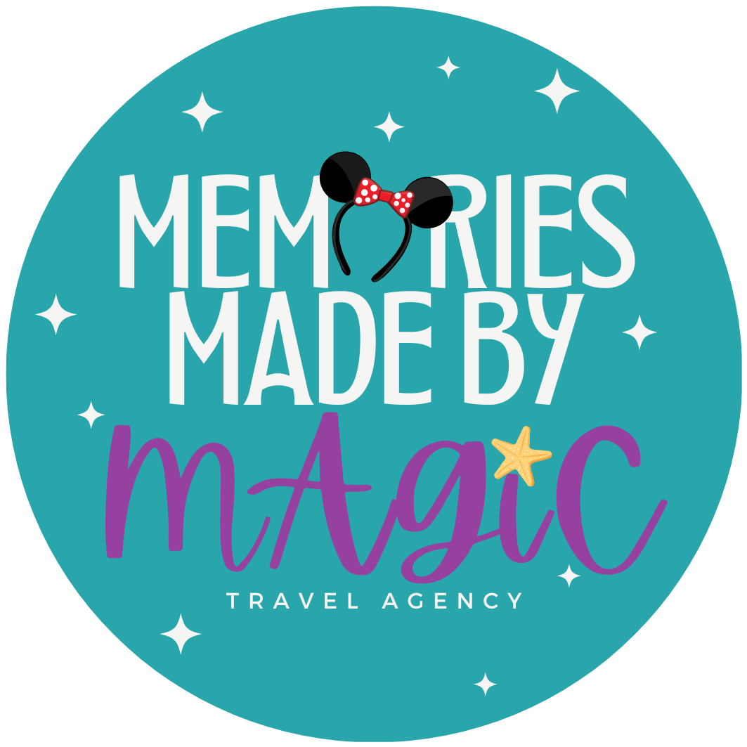 Teal circular logo reading “Memories Made by Magic” with small stars and a Mickey-style bow.